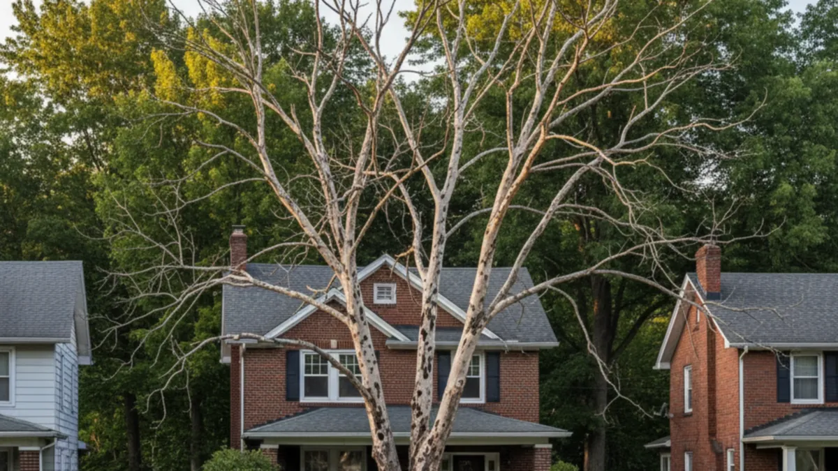 Dead emerald ash borer EAB ash tree Wilkes-Barre Pennsylvania Luzerne County bare crown D-shaped exit holes brittle hazard