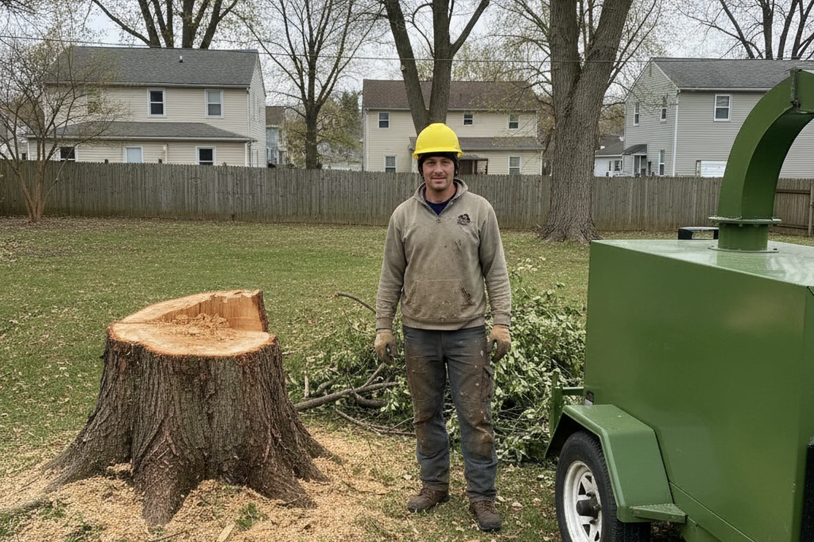 Tree service operator after completed ash removal Wilkes-Barre Pennsylvania Luzerne County Wyoming Valley stump residential plain chipper no decals